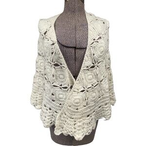 NEW! Vintage Eatons Handknit Light Cream Crochet Shawl Wrap Sweater One Size